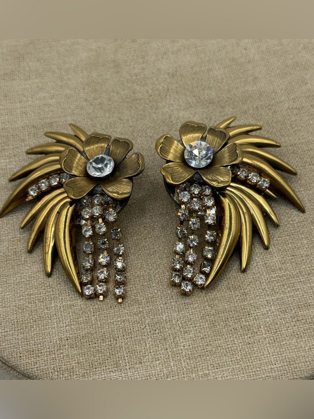 Vintage Gold tone Floral Crystal Drop Earrings